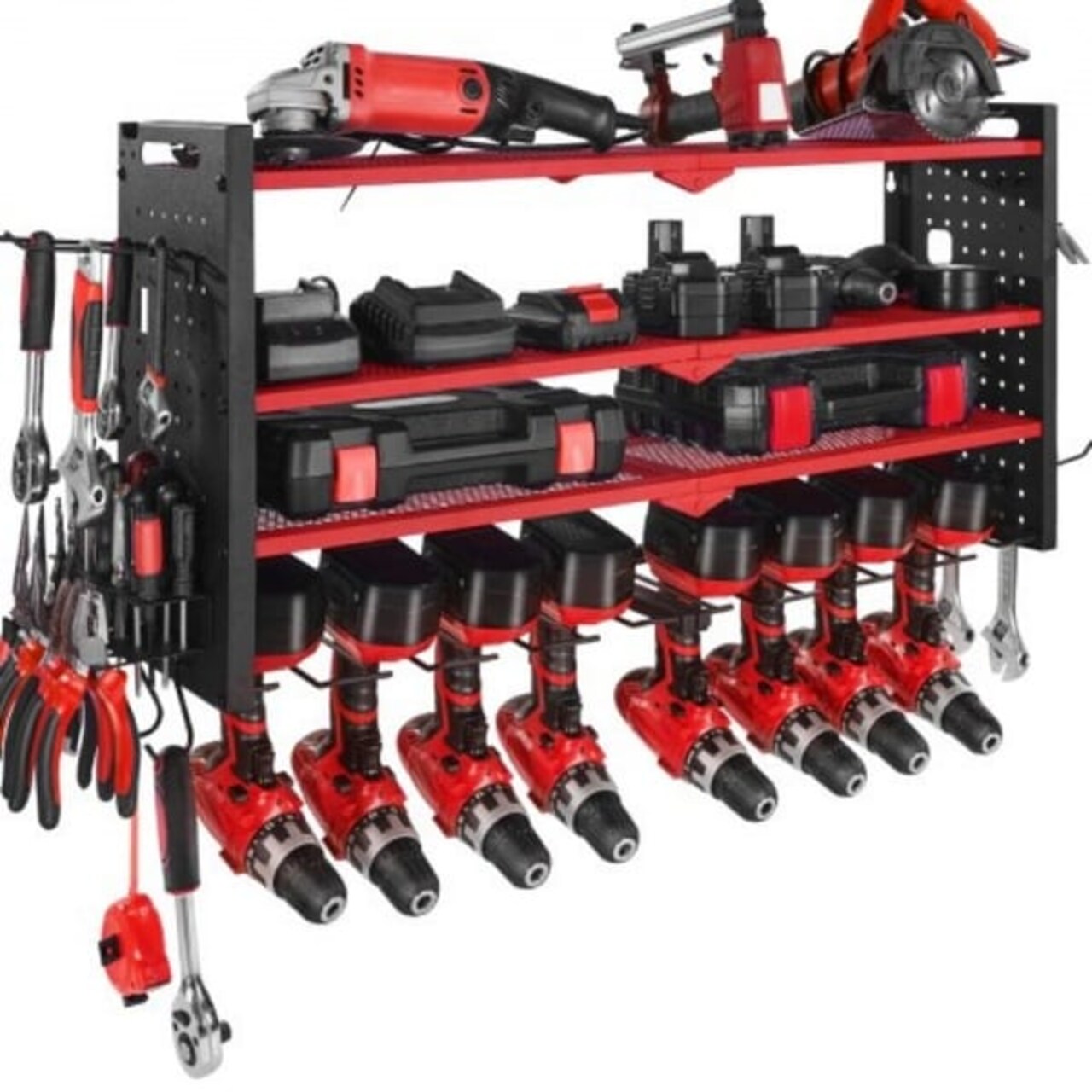 4-Tier Wall Mounted Tool Rack with 8 Drill Slots and Adjustable Shelf Pegboard Organizer (Only Rack)